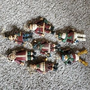 7 Vintage Woodlook Ornaments with moving arms/legs